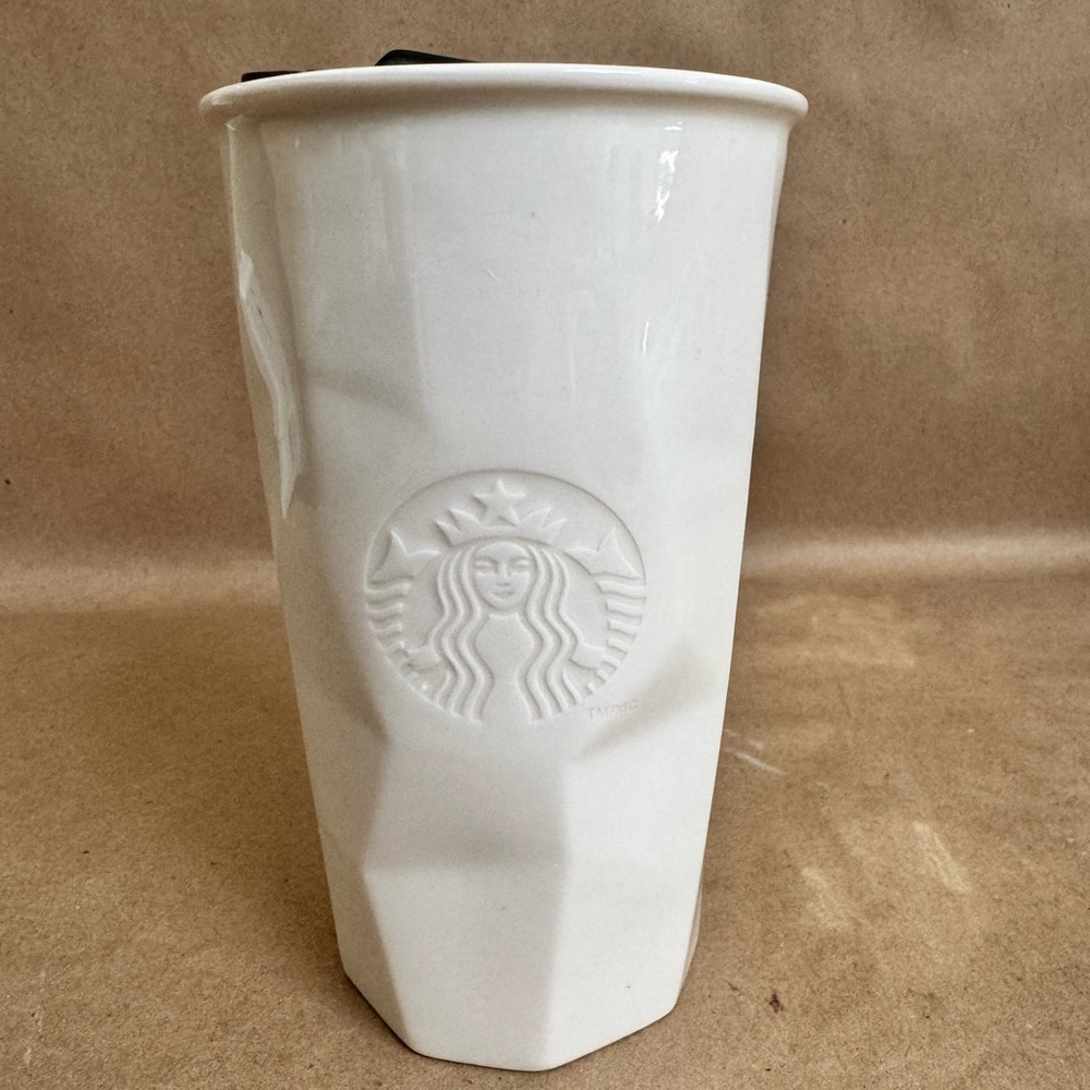 2013 Starbucks White Faceted Double Walled Ceramic Travel Tumbler. 10oz